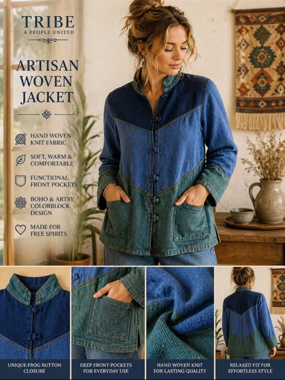 TRIBE A People United Jacket L Hand Woven Knit Boho Hippie Blue Green